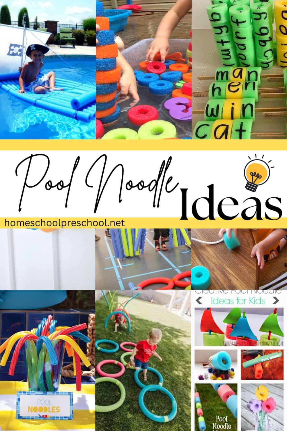 photo collage of kids playing with pool noodles and text reading pool noodle ideas