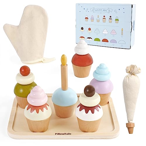 Pillowhale Wooden Cupcakes Toy,Kids Kitchen Playset,Pretend Play Food with Menu,Birthday Cake Toy for Toddlers Boys Girls Ages 3+