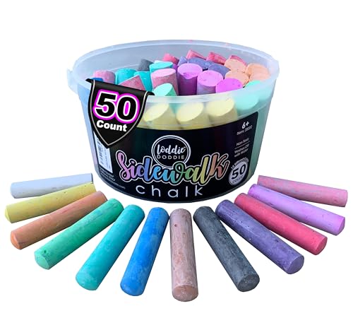 Loddie Doddie- 50ct Bucket of Sidewalk Chalk- 12 Unique Colors- Long lasting Non-Toxic Jumbo Sticks- Reusable Bucket for hours of fun and creativity with easy clean up!