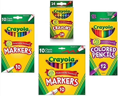 Crayola Crayons (24 Count), Crayola Colored Pencils in Assorted Colors (12 Count), Crayola (10ct) Classic Fine Line Markers, and Crayola (10ct) Classic Broad Line Markers Holiday Bundle