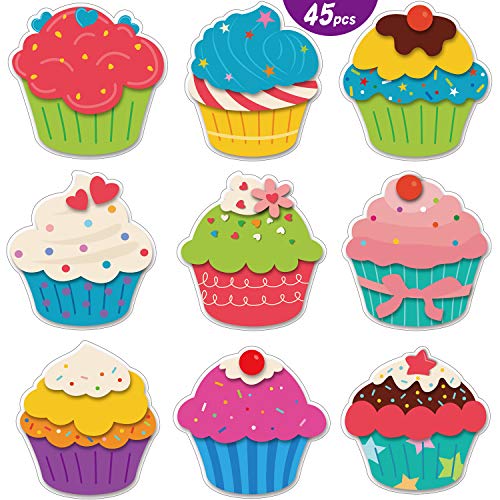 45 Pieces Colorful Cupcake Cutouts Versatile Classroom Decoration Creative Cupcake Cutouts with Glue Point Dots for Bulletin Board Classroom School Birthday Party, 5.9 x 5.9 Inch