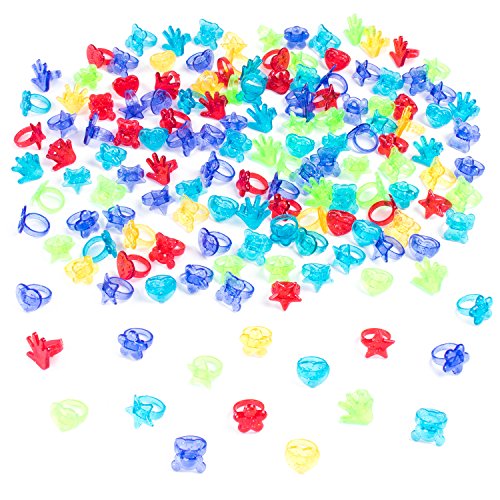 Super Z Outlet Colorful Assorted Plastic Glitter Toy Rings | Bag of 144 Rings (Hearts, Bears, Stars, Hands & Flowers) | Use As Party Favors,