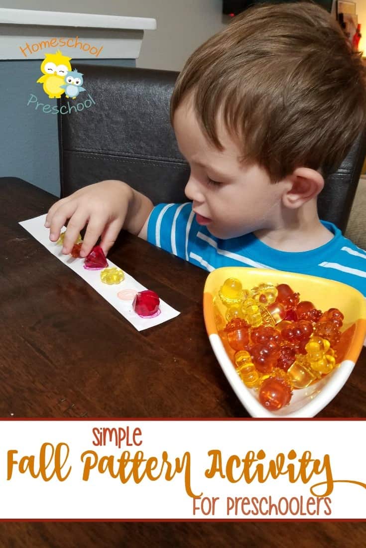 Learning patterns at an early age builds predicting, observation and analyzing skills. Simple patterns are fun for kids to complete and build a strong foundation for more advanced mathematical thinking. Try this simple fall pattern activity with your preschoolers! | homeschoolpreschool.net