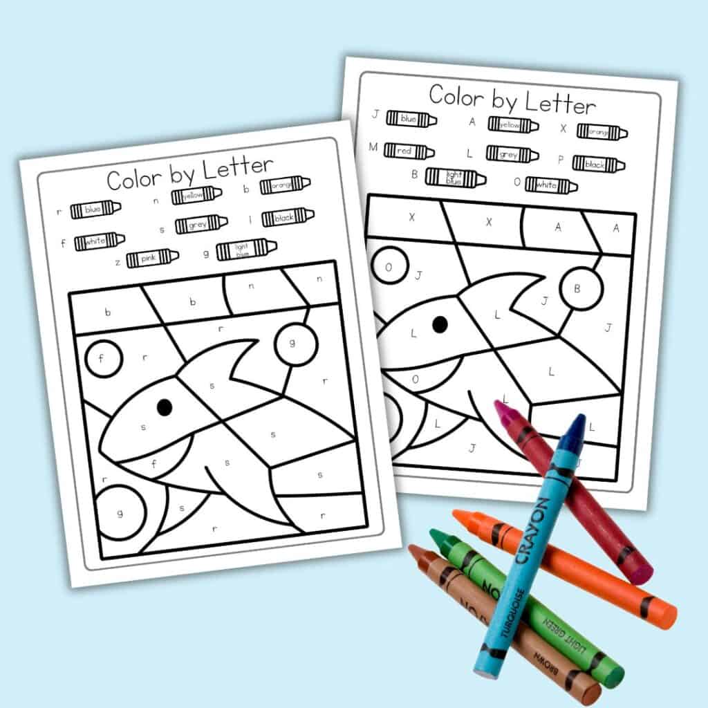 two shark themed color by letter worksheets