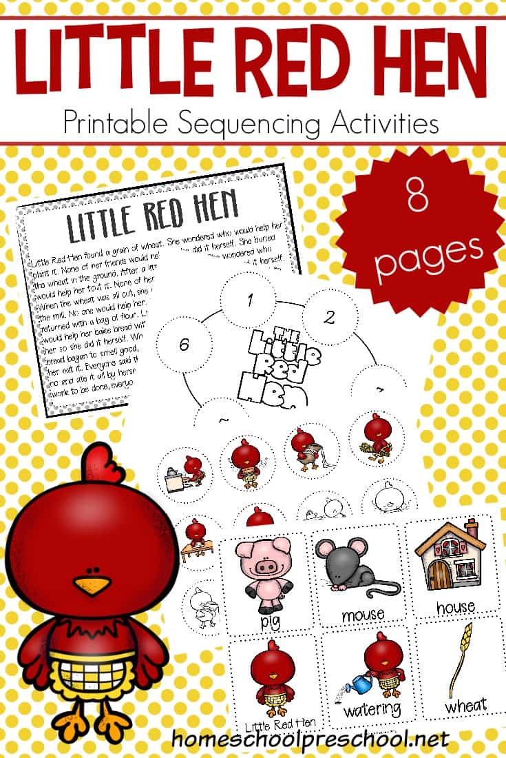 Kids can practice storytelling with these free printable Little Red Hen sequencing cards. They can be used in three hands-on activities.