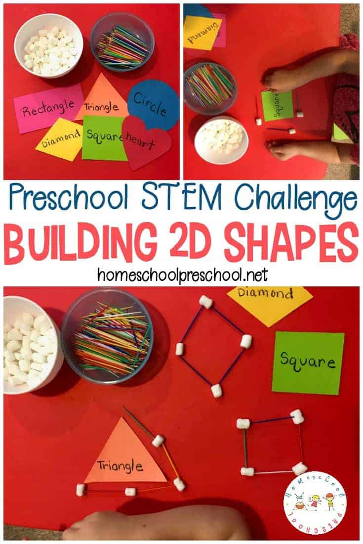 Incorporate STEM into your homeschool preschool lessons. Kids will enjoy building shapes with marshmallows and toothpicks for hands-on math practice. 