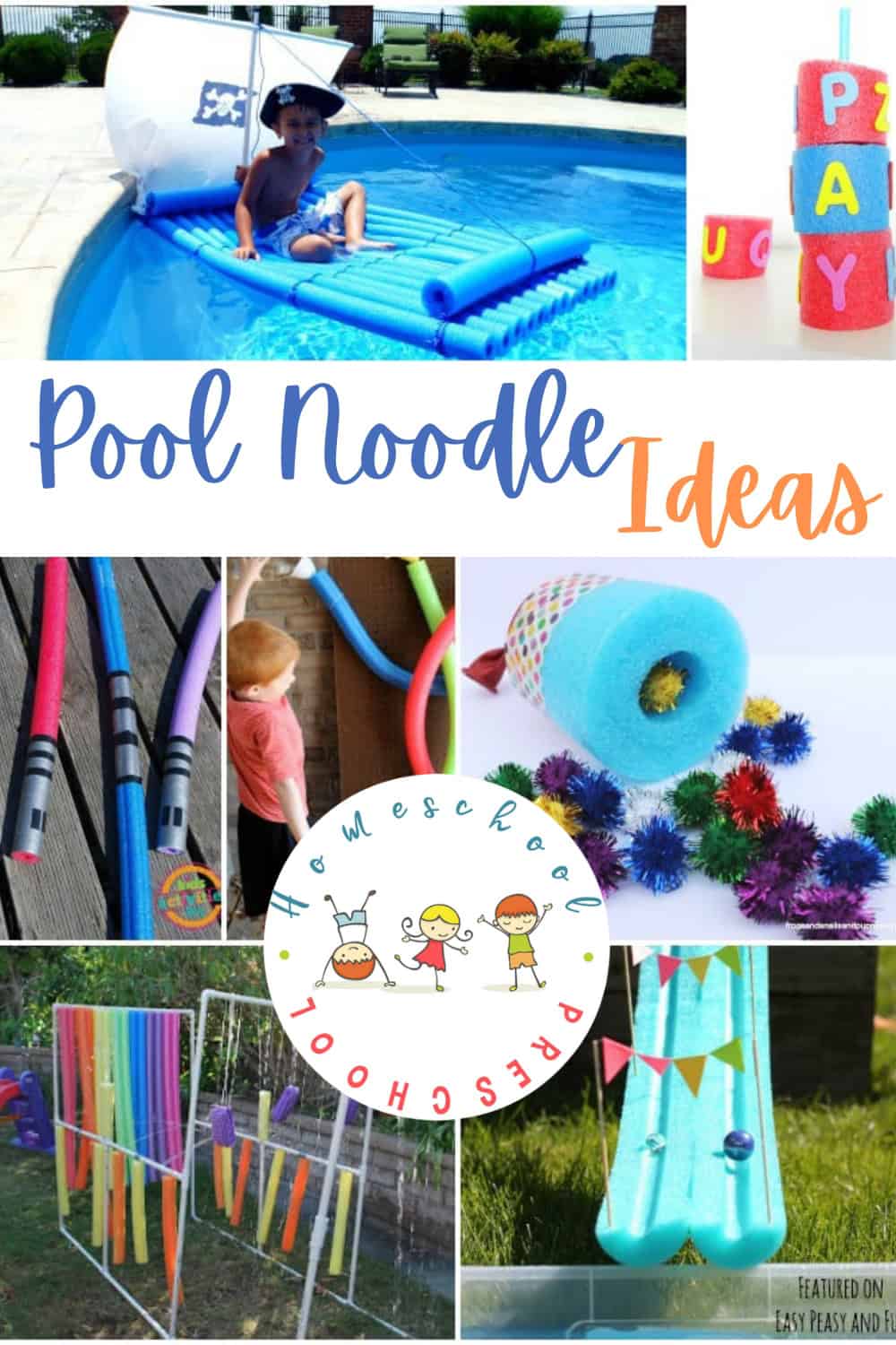 collage of pool noodle activities for kids with text reading pool noodle ideas