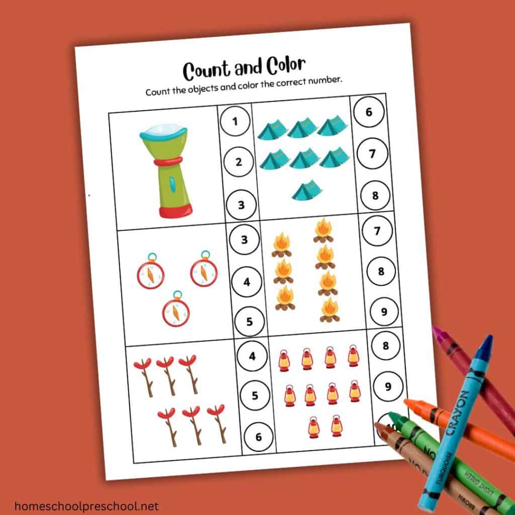 rust background with count and color worksheet and a set of crayons