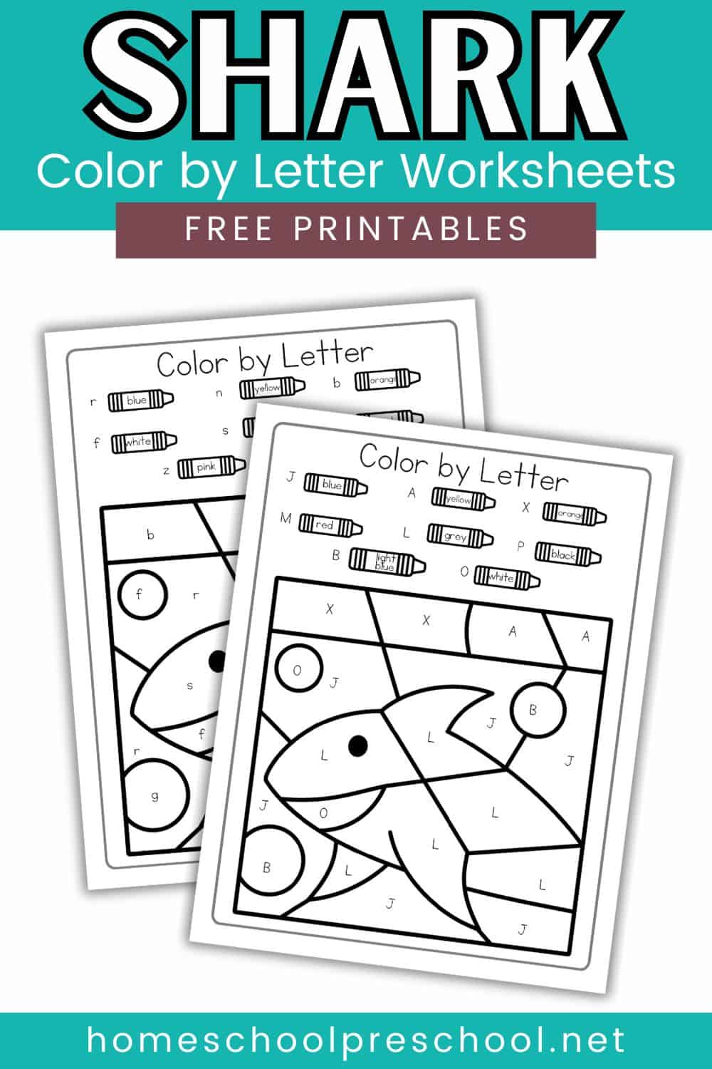 two shark color by letter worksheets