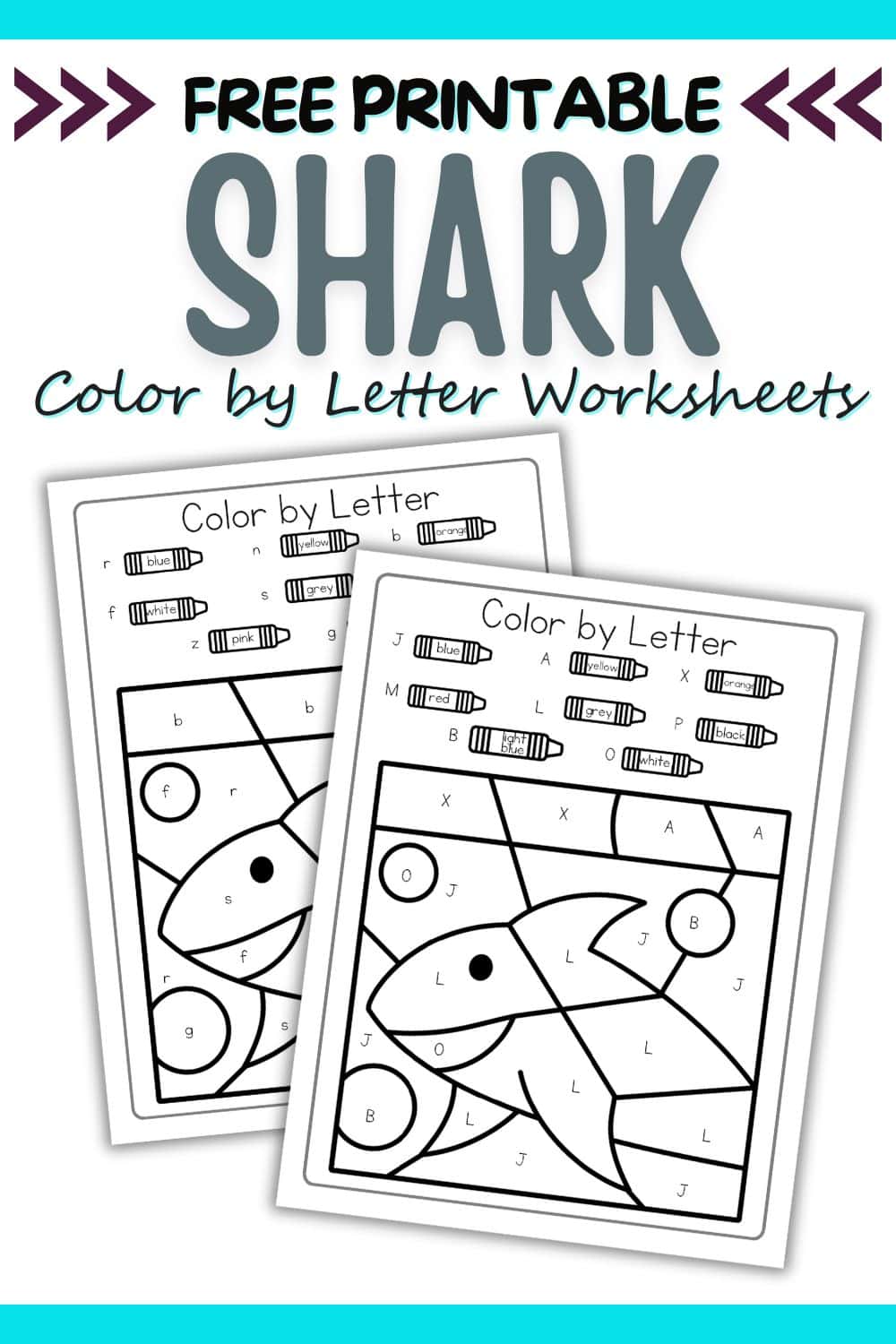 two color by letter shark-themed worksheets