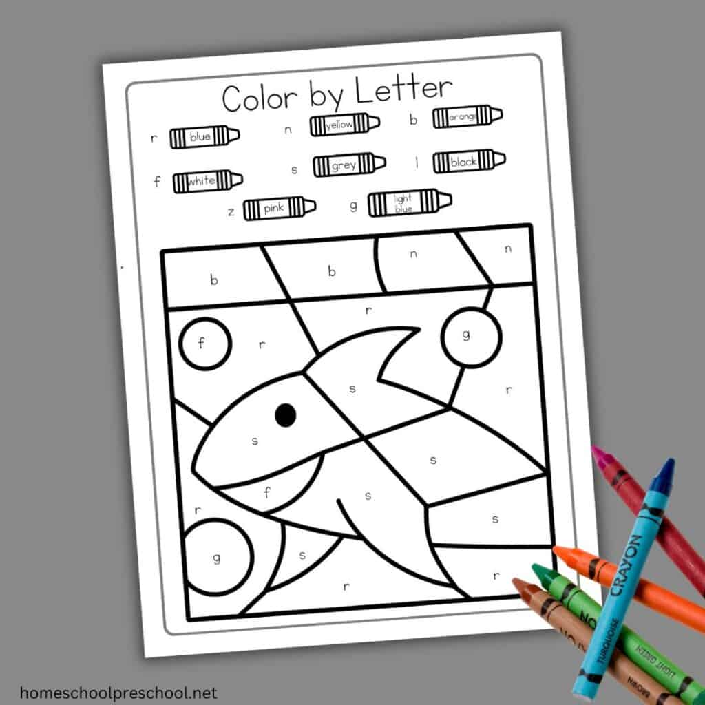 shark color by lowercase letter worksheet