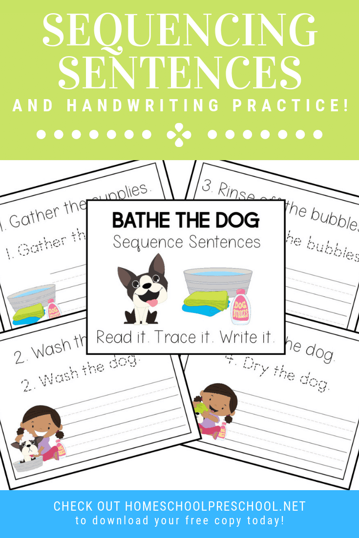 These Bathe the Dog sentence sequencing activities are perfect for preschool and kindergarten kiddos. Practice handwriting and sequencing at the same time!