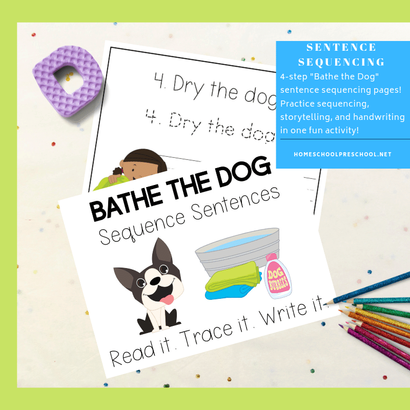 These Bathe the Dog sentence sequencing activities are perfect for preschool and kindergarten kiddos. Practice handwriting and sequencing at the same time!